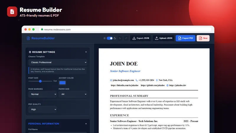 Resume Builder editor with live resume preview